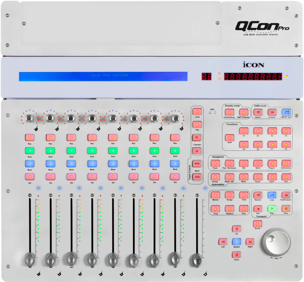 Oversikt: Icon Qcon er intuitiv i bruk, har åtte encoder-knotter og led-belyste fadere. 