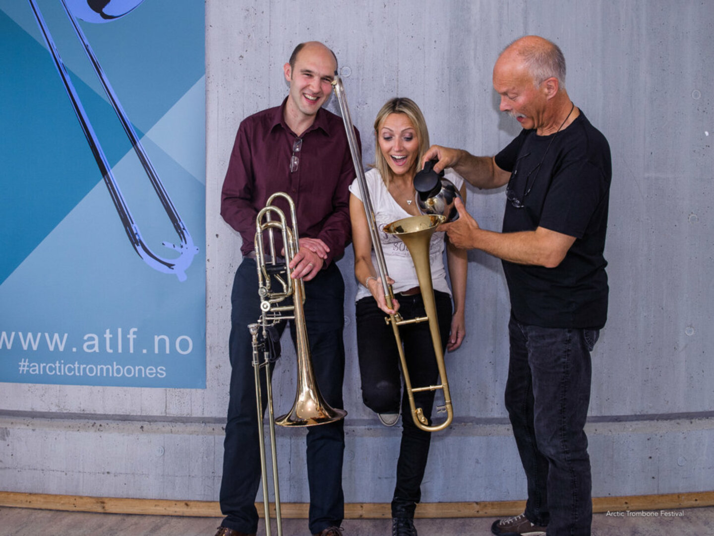 Trombonefestivalgründer: Her ser vi Jens Christian Kloster (t.h.) under Arctic Trombone Festival, med to av festivalprofilene i 2016, Carol Jarvis og Christian Jones.