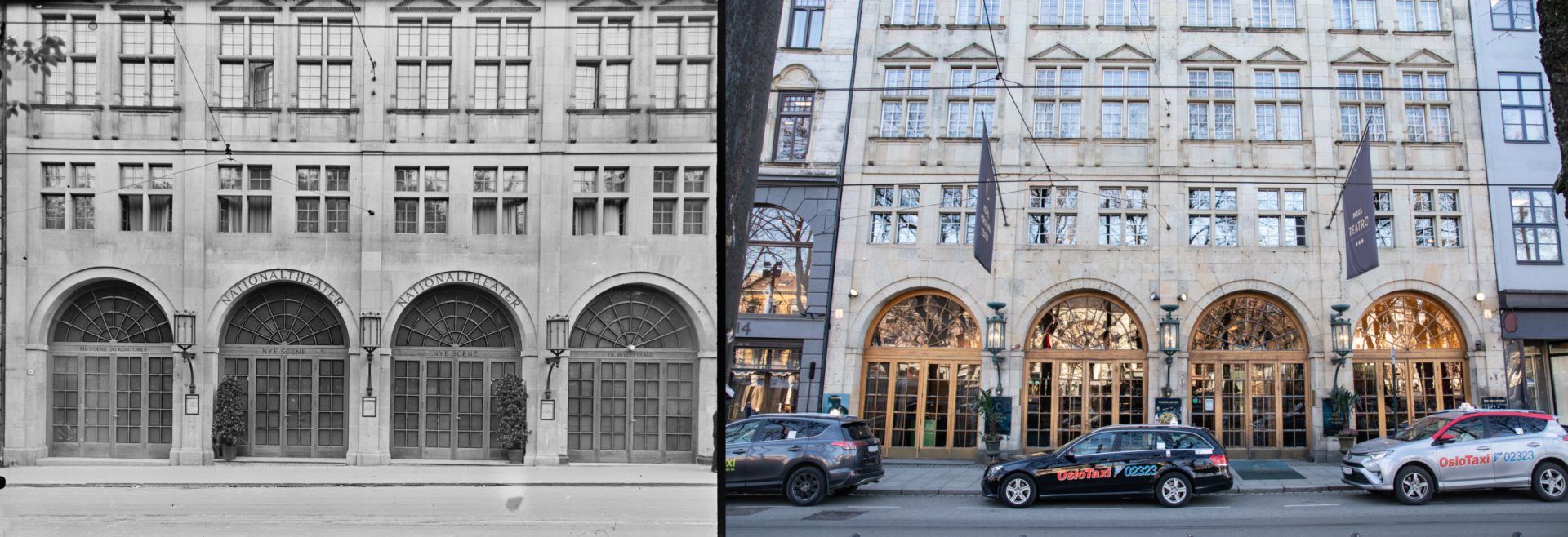 Fasaden på Stortingsgata 16 under krigen og i dag: T.v.: Slik så fasaden på Deutsches Theater ut. T.h.: Ikke mye er forandret i dag.