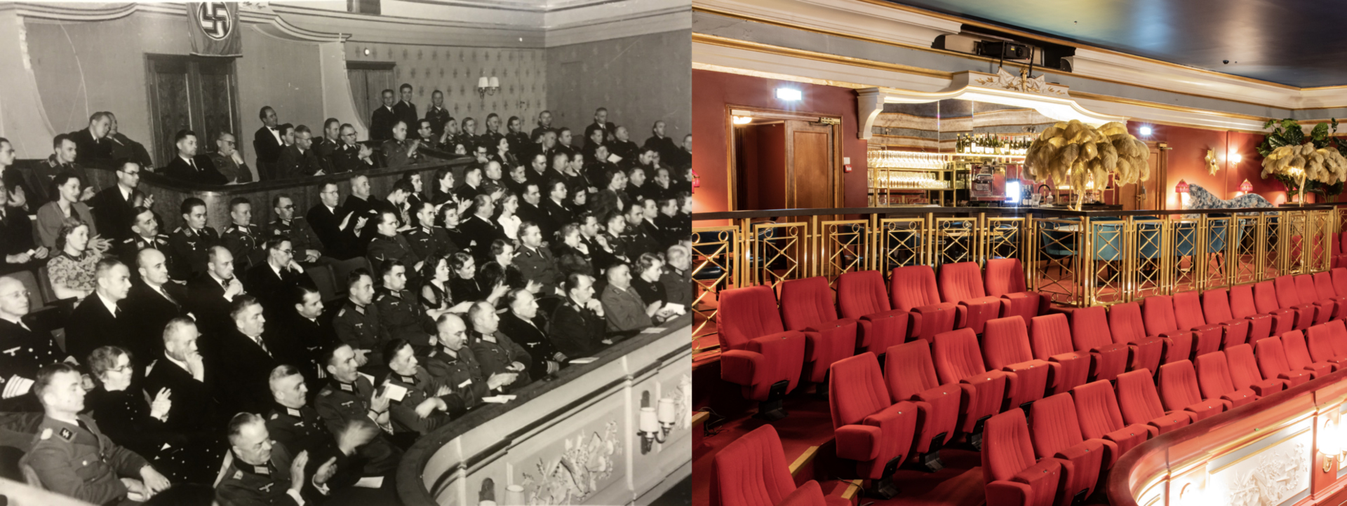 Terbovens losje anno 1941 og 2020: T.v.: Rikskommisær Terboven med følge i operaen i Stortingsgata 16. T.h.: Deler av Terbovens losje er omgjort til bar i det som nå er Hotel Christiania Teater.