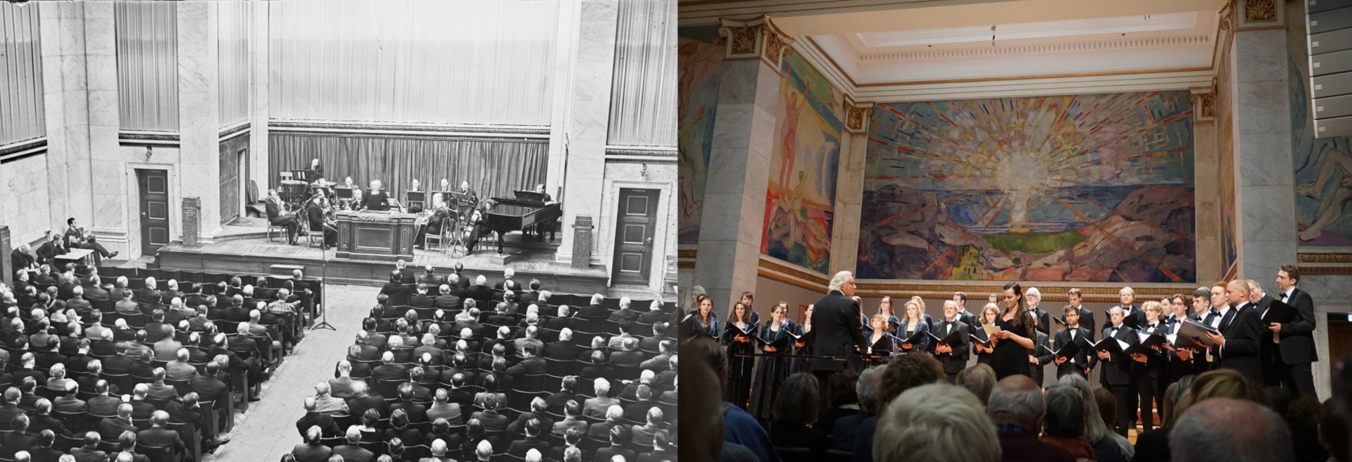 Universitetets aula anno 1941 og anno 2017: T.v.: Fra Norsk-Tysk Selskaps første møte. Munchs malerier ble tatt ned før invasjonen. T.h.: Fra en konsert i 2017 under Arena Klassisk. Her med Munch-maleriene som visuelt midtpunkt.