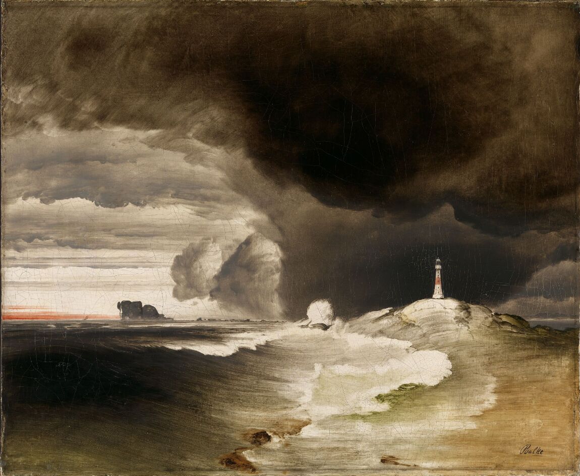 Maleri av bølger som slår inn over en strand foran et fyrtårn