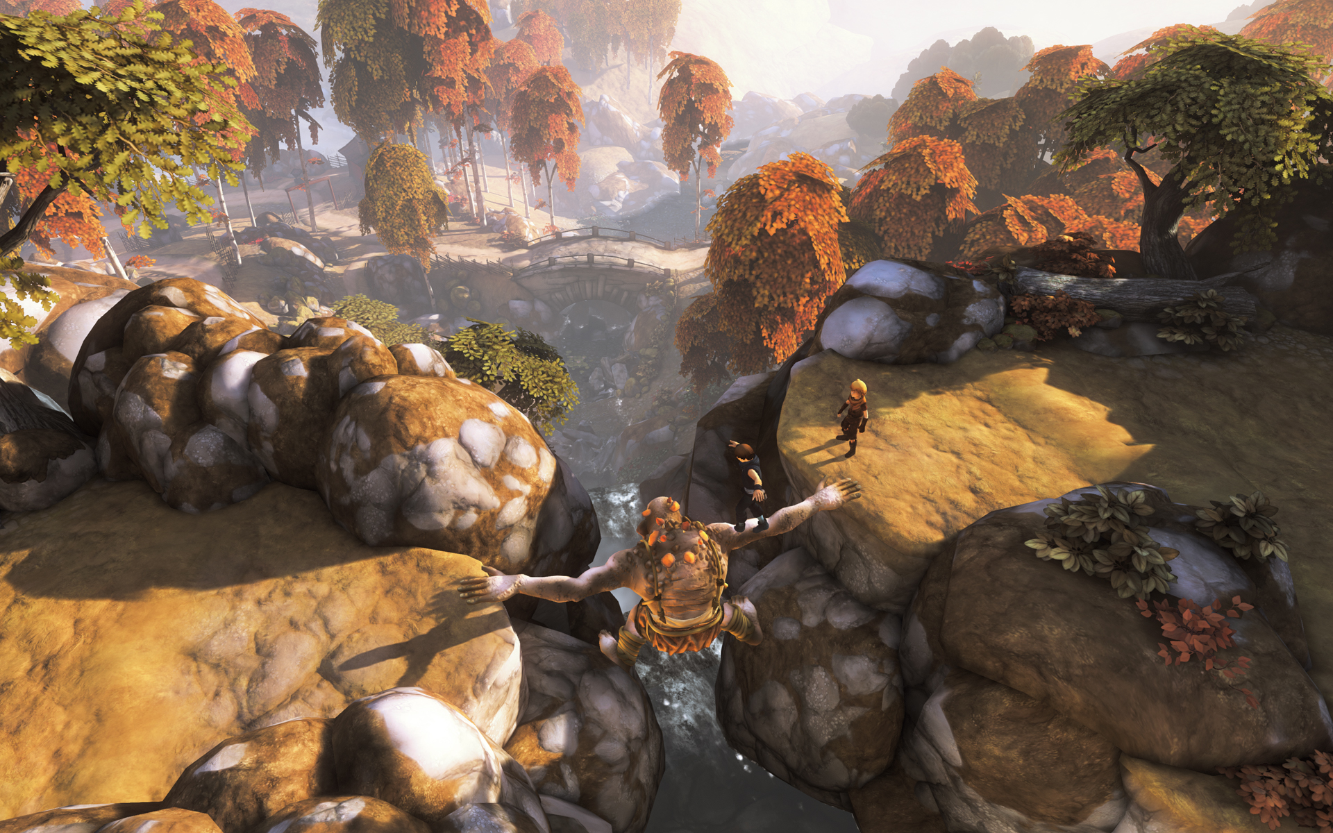 Dataspill landskap med to gutter og et troll som krysser en elv