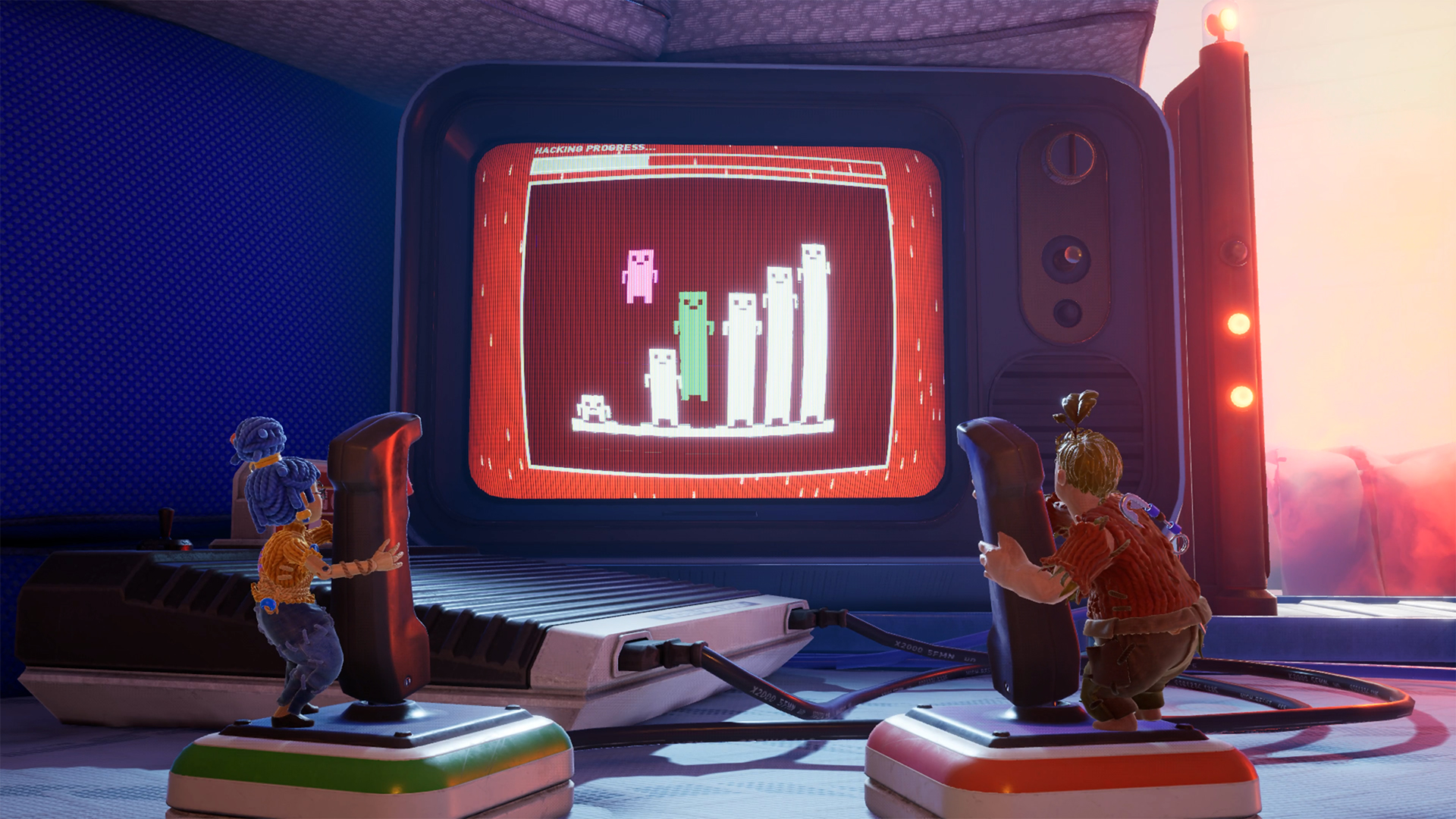 Datspillbilde av to dukkefigerer som står foran en skjerm med firkantfigurer