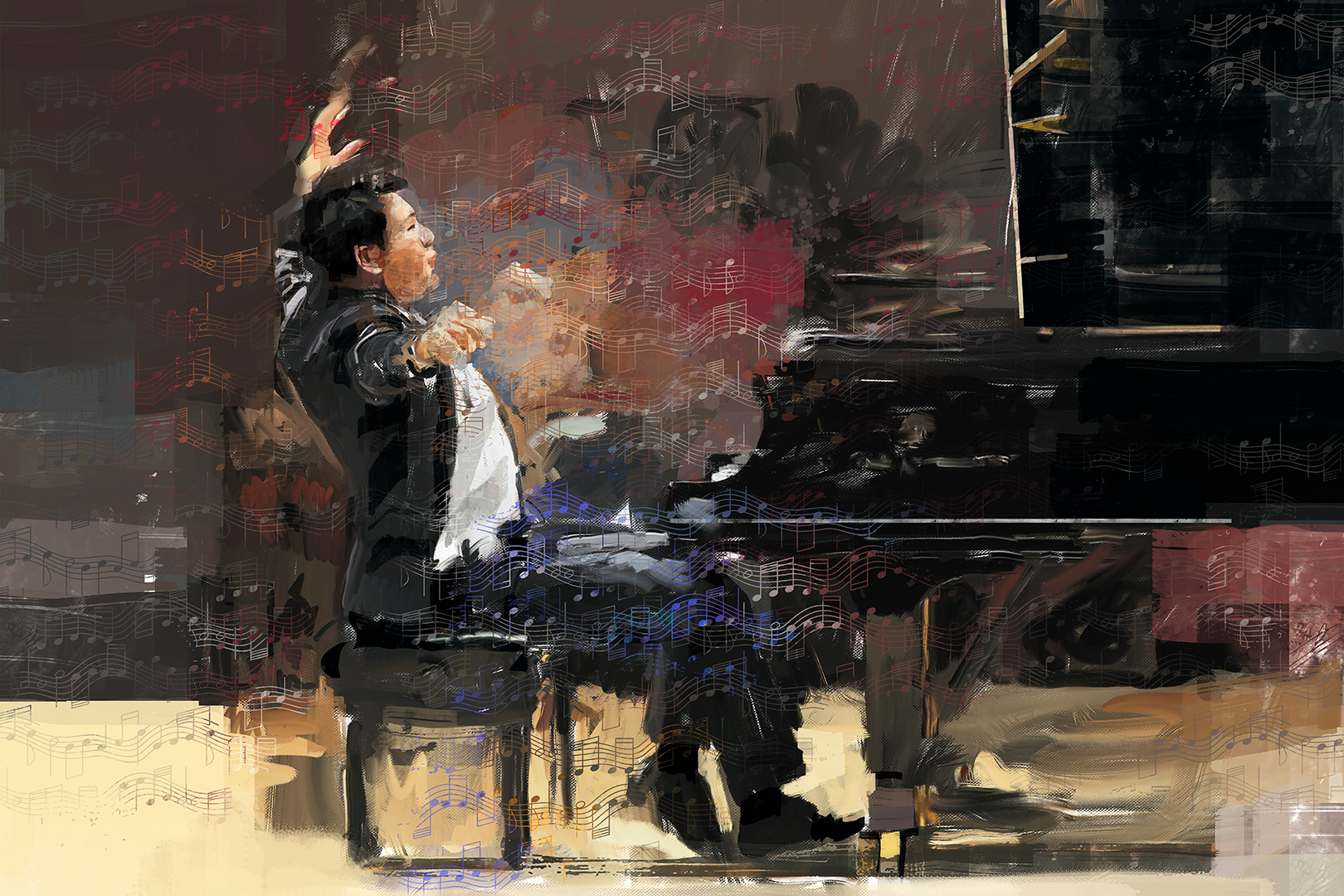 Illustrasjon av pianist som gir slipp på tangentene