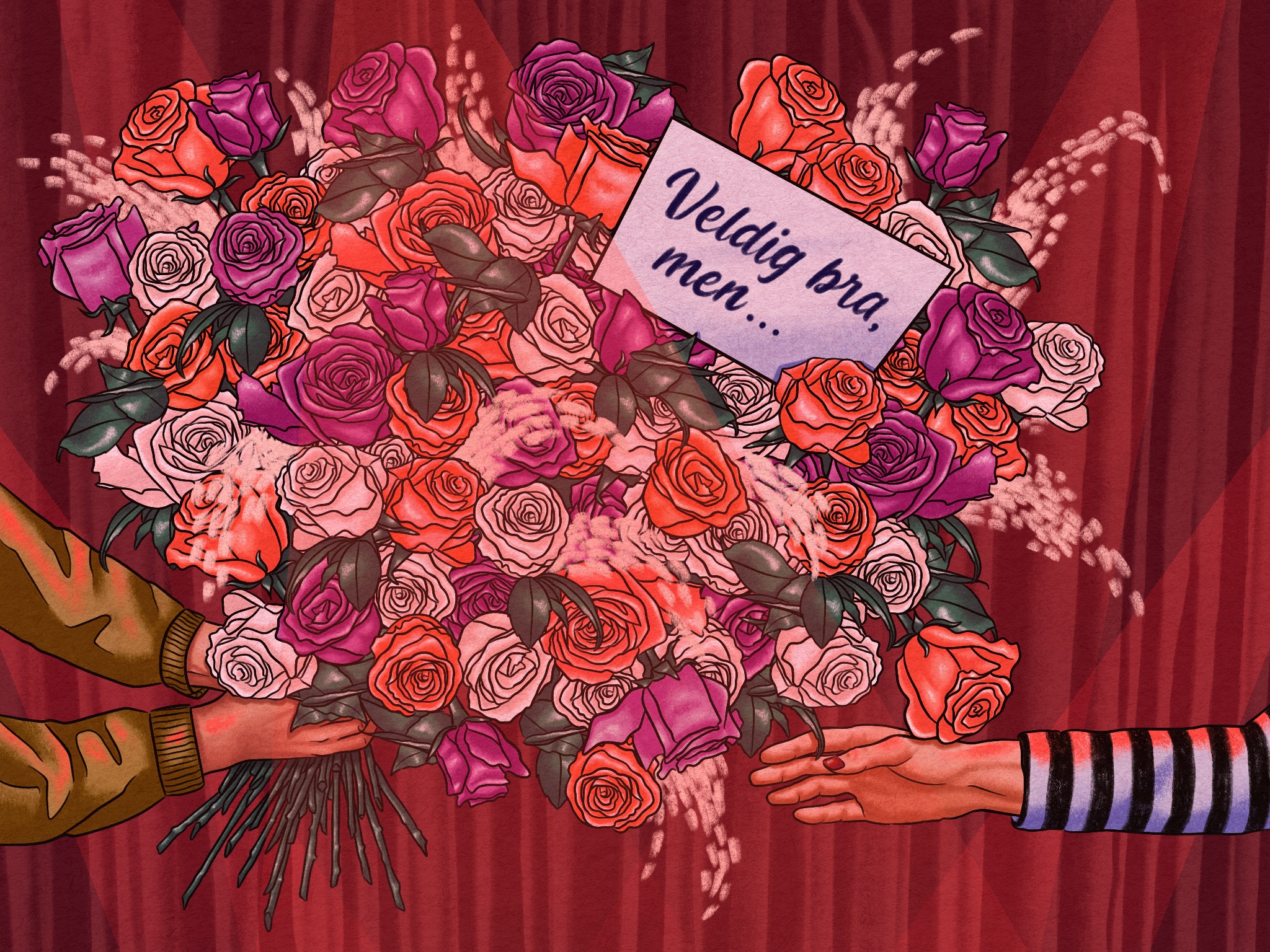 Illustrasjon av enorm bukett med blomster og kort med kritikk