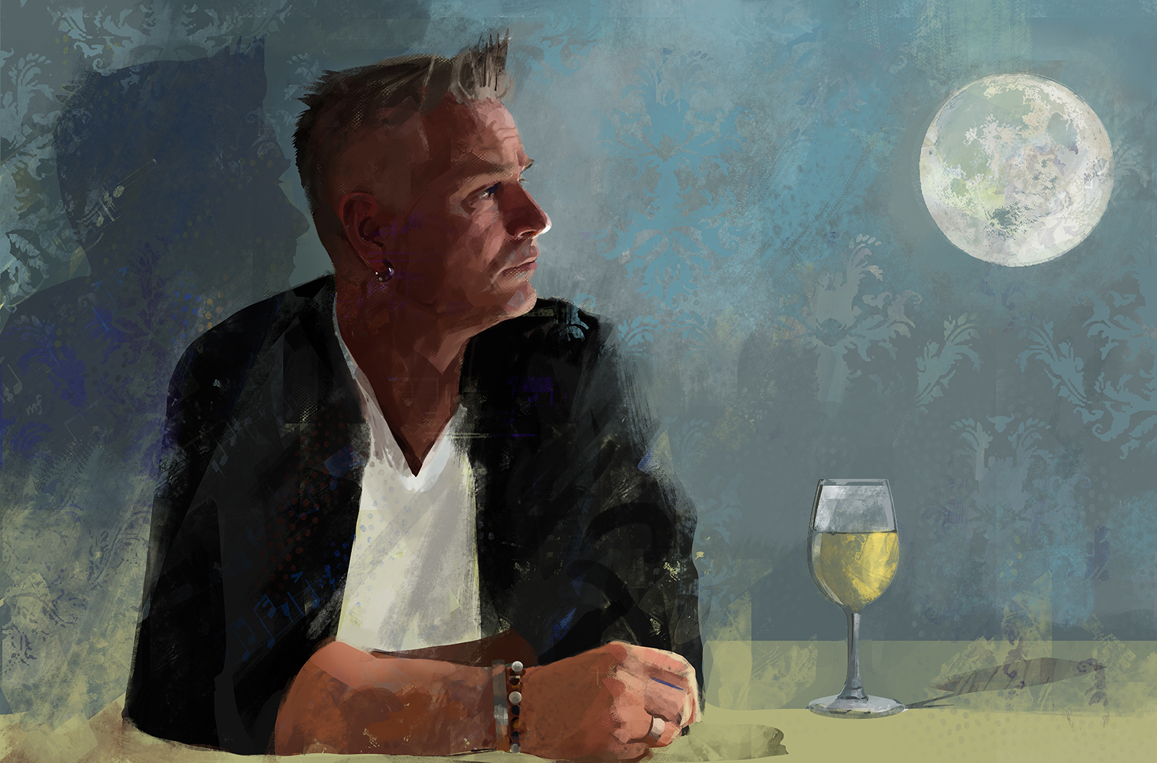 Illustrasjon av Janove Ottesen med et glass sancerre og måne