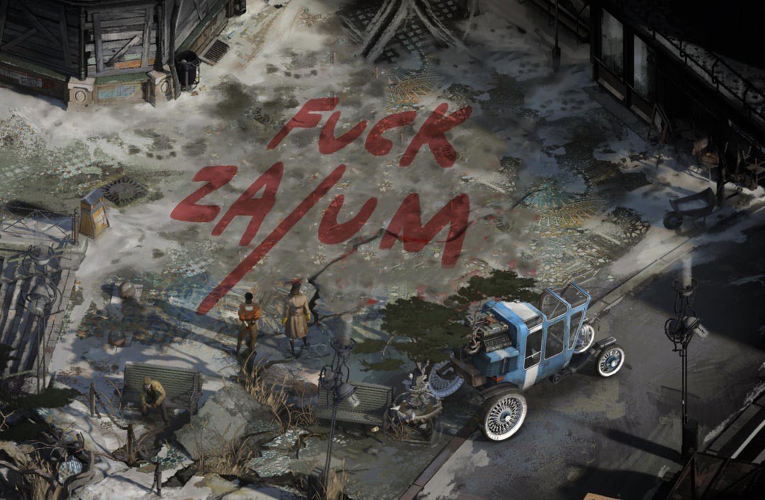 Fuck Za/Um står det på bakken i en scene fra spillet Disco Elysium