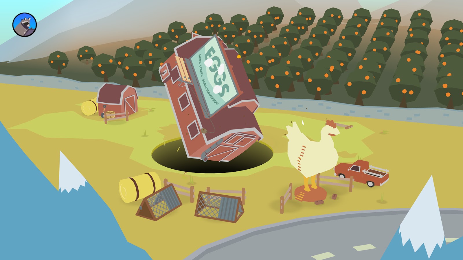 En låve blir slukt av et hull i Donut County