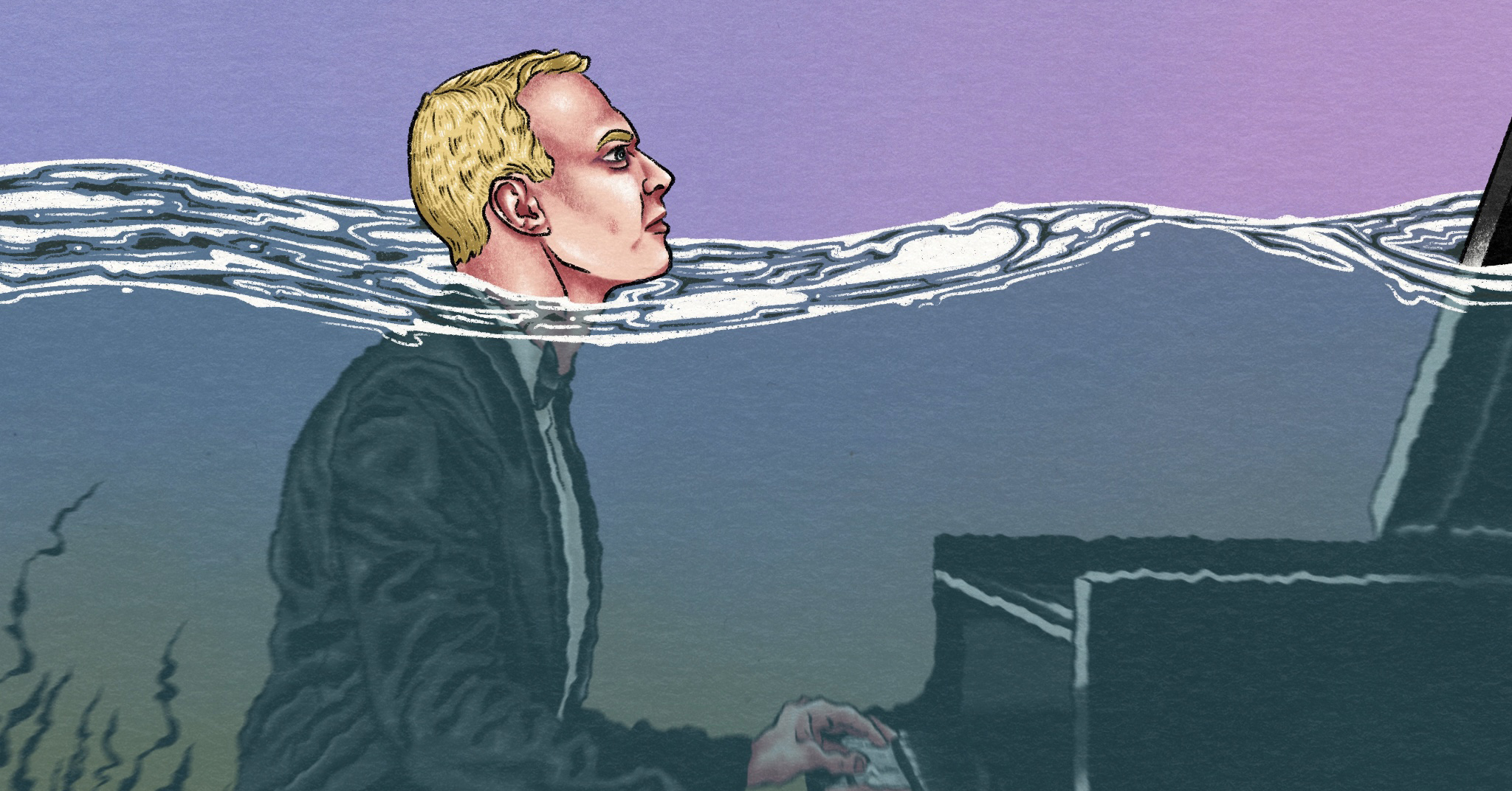 Illustrasjon av pianist med hodet over vannet og resten av kroppen under vann