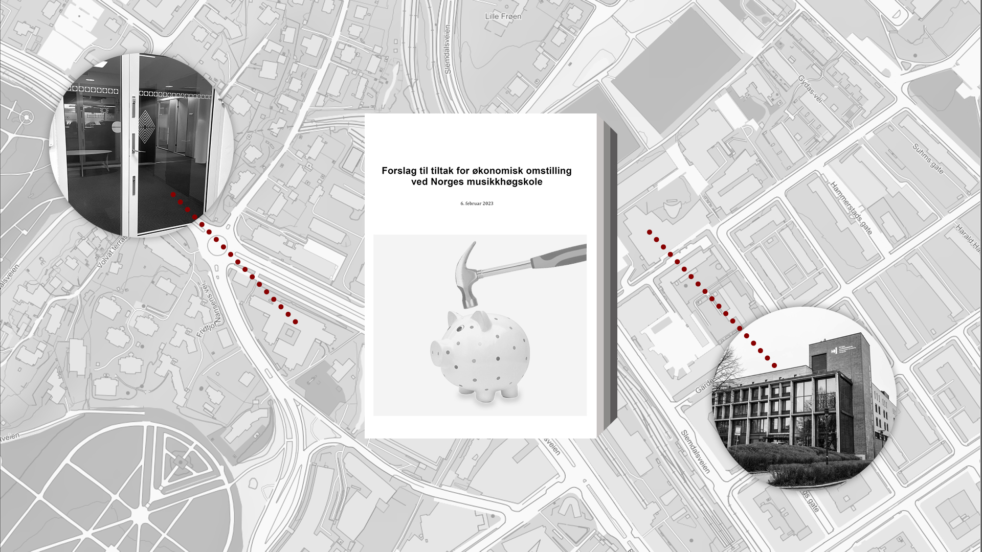 Illustrasjon av dokumenter, kart og Norges Musikkhøgskole i svart-hvitt