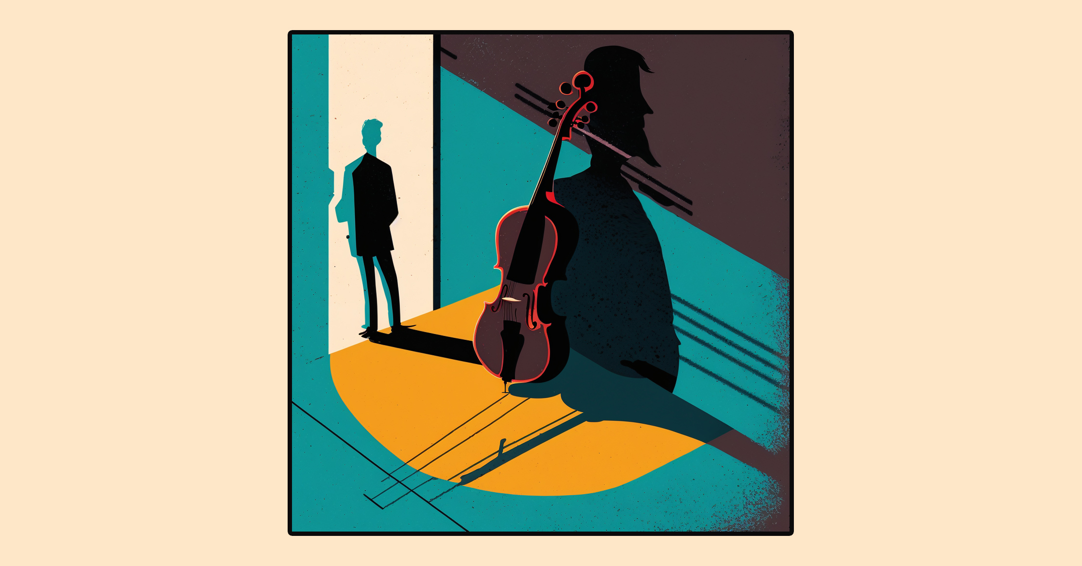 Illustrasjon av en cello i skyggen av en lærer
