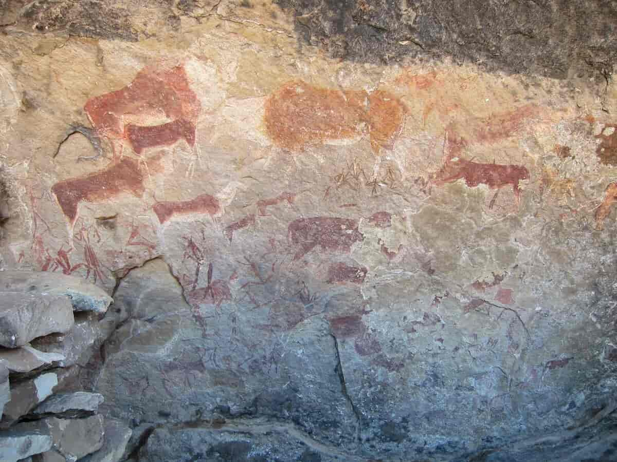 Hulemaleri utført av folkegruppen san, i Sehlabathebe nasjonalpark, Lesotho.