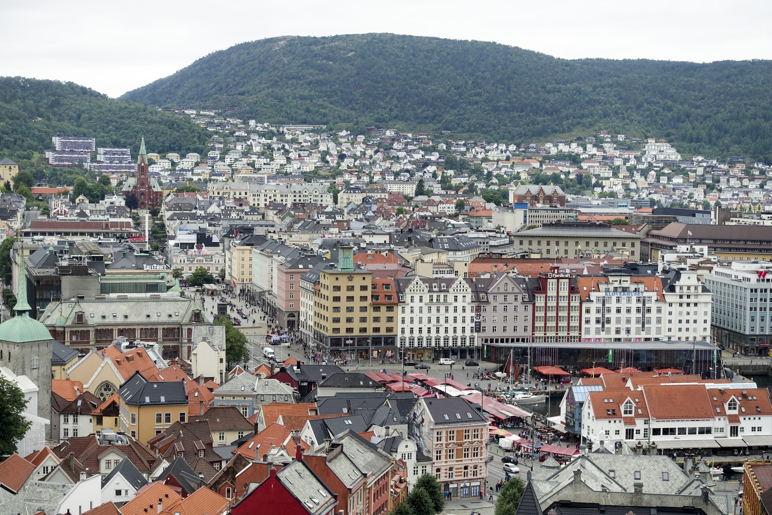 Utsikt over Bergen sentrum med Fisketorget og Torgalmenningen fra turvegen opp mot Fløyen.