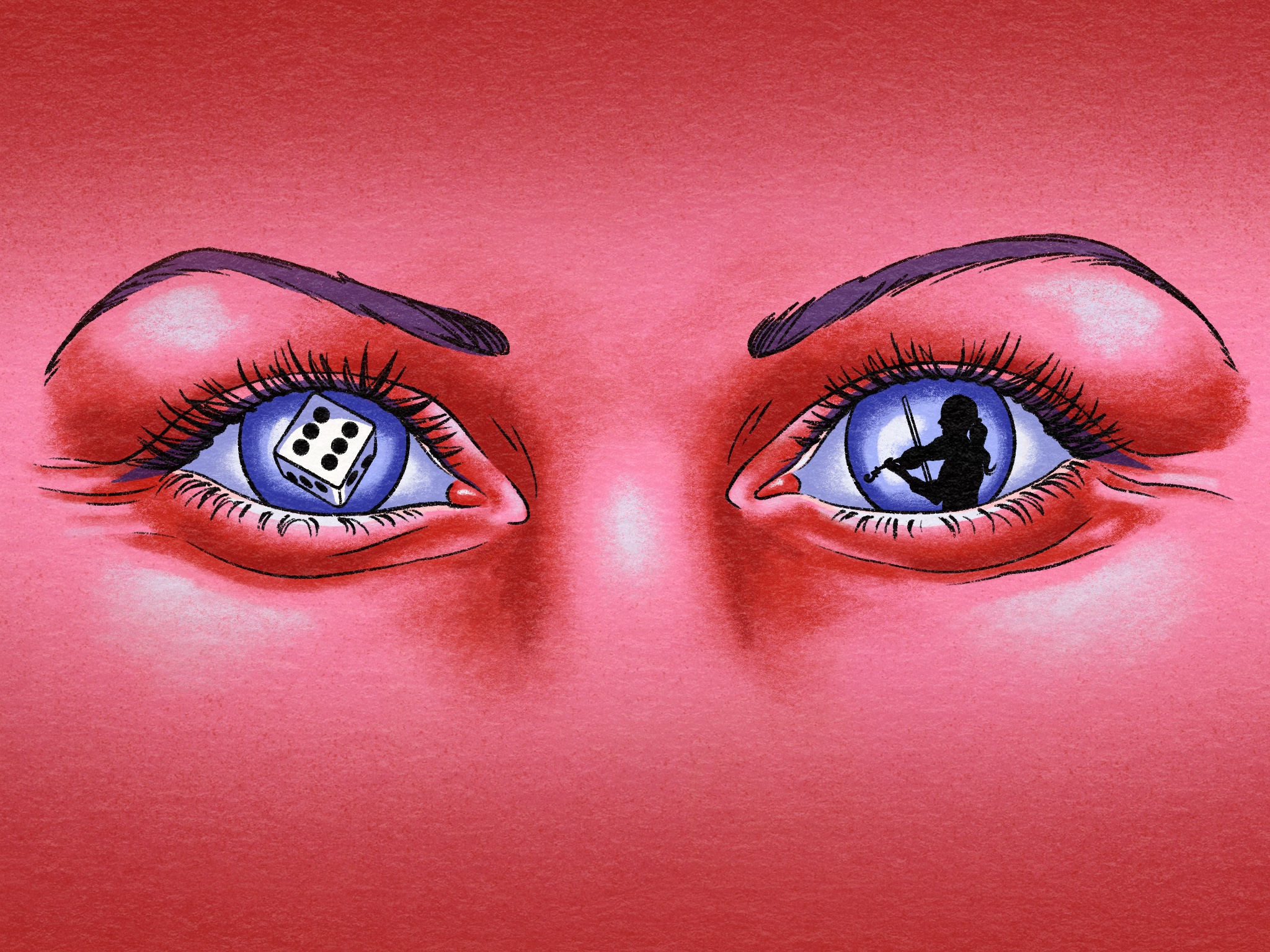 Illustrasjon av øyne med terning og fiolinist i pupillene