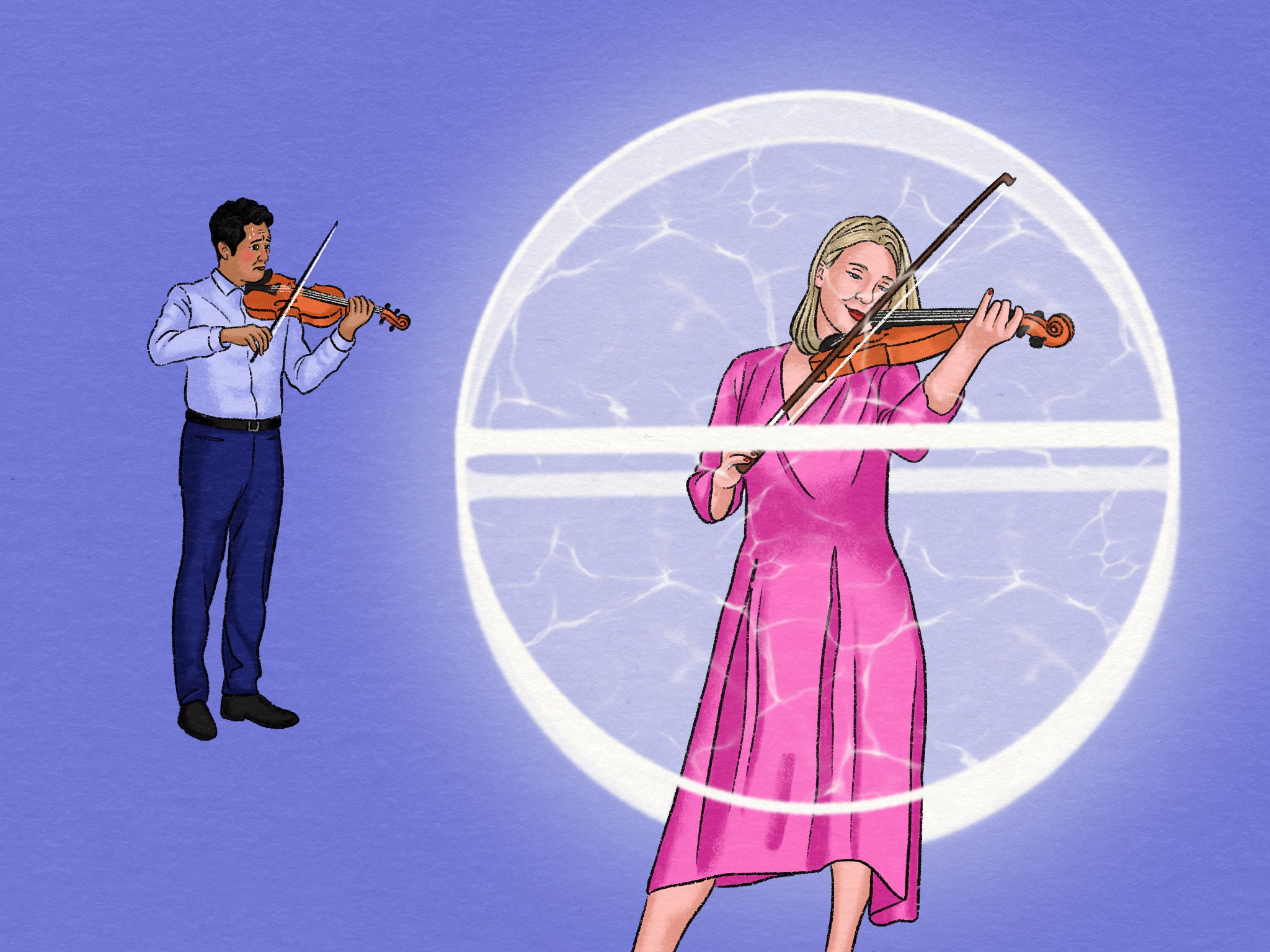 Illustrasjon av to fiolinister. Den ene er avbildet i en beskyttende boble.